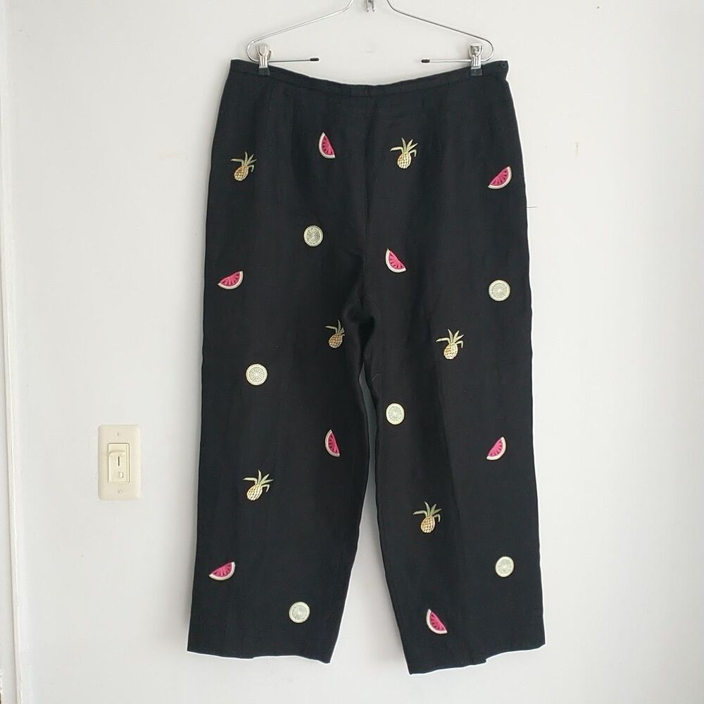 Vtg Talbots Pants Womens 18 Black Embroidered Fruits 100% Irish Linen Novelty